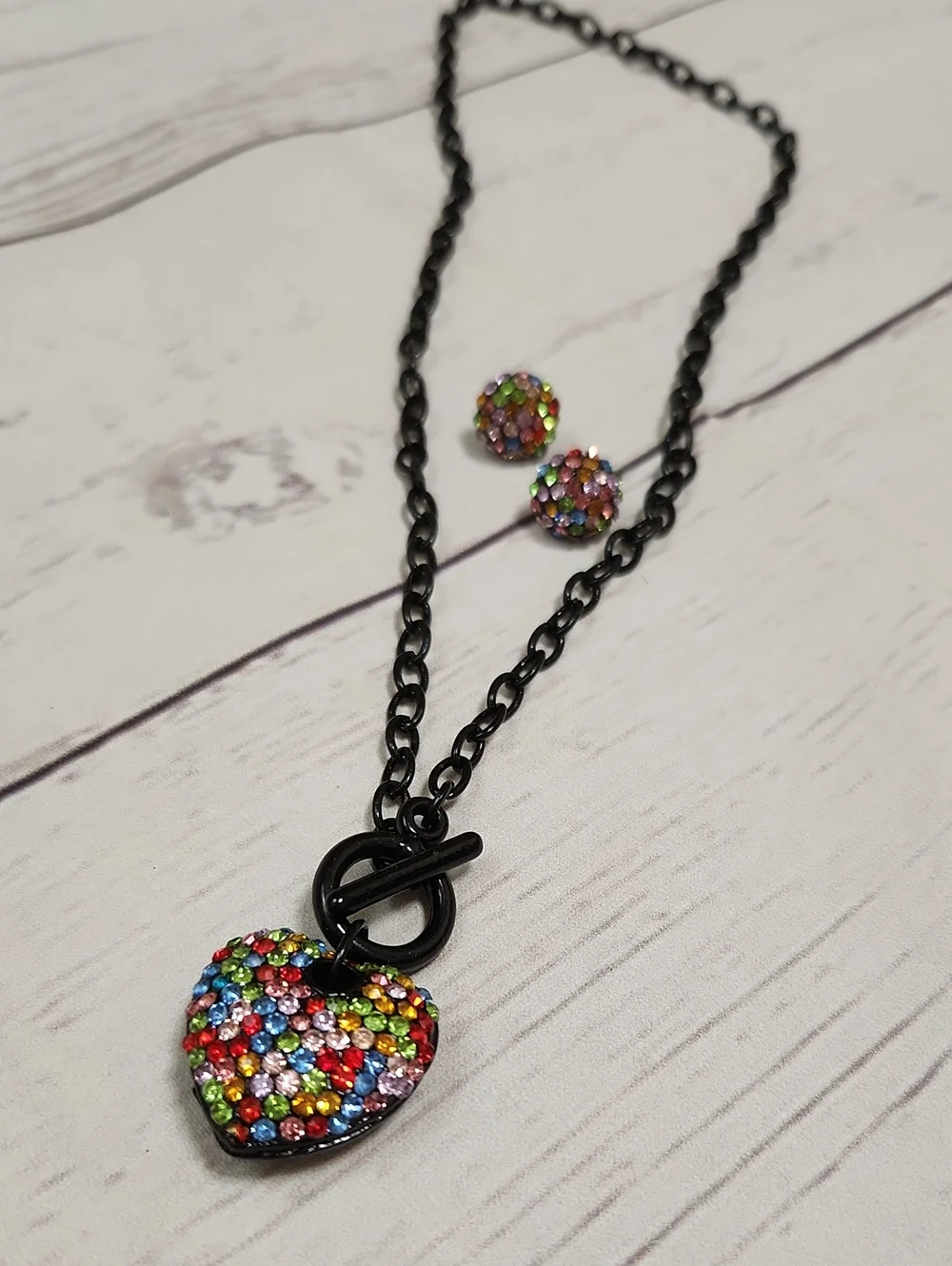 Black Chain Heart Pendant Necklace with Multicolor Crystal Accents